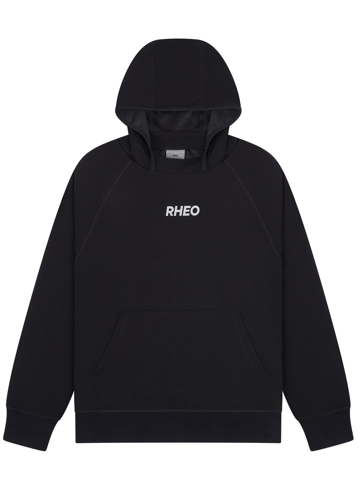 RHEO CryoCotton™ Hoodie in black with raglan sleeves, 4-panel hood and kangaroo pocket.
