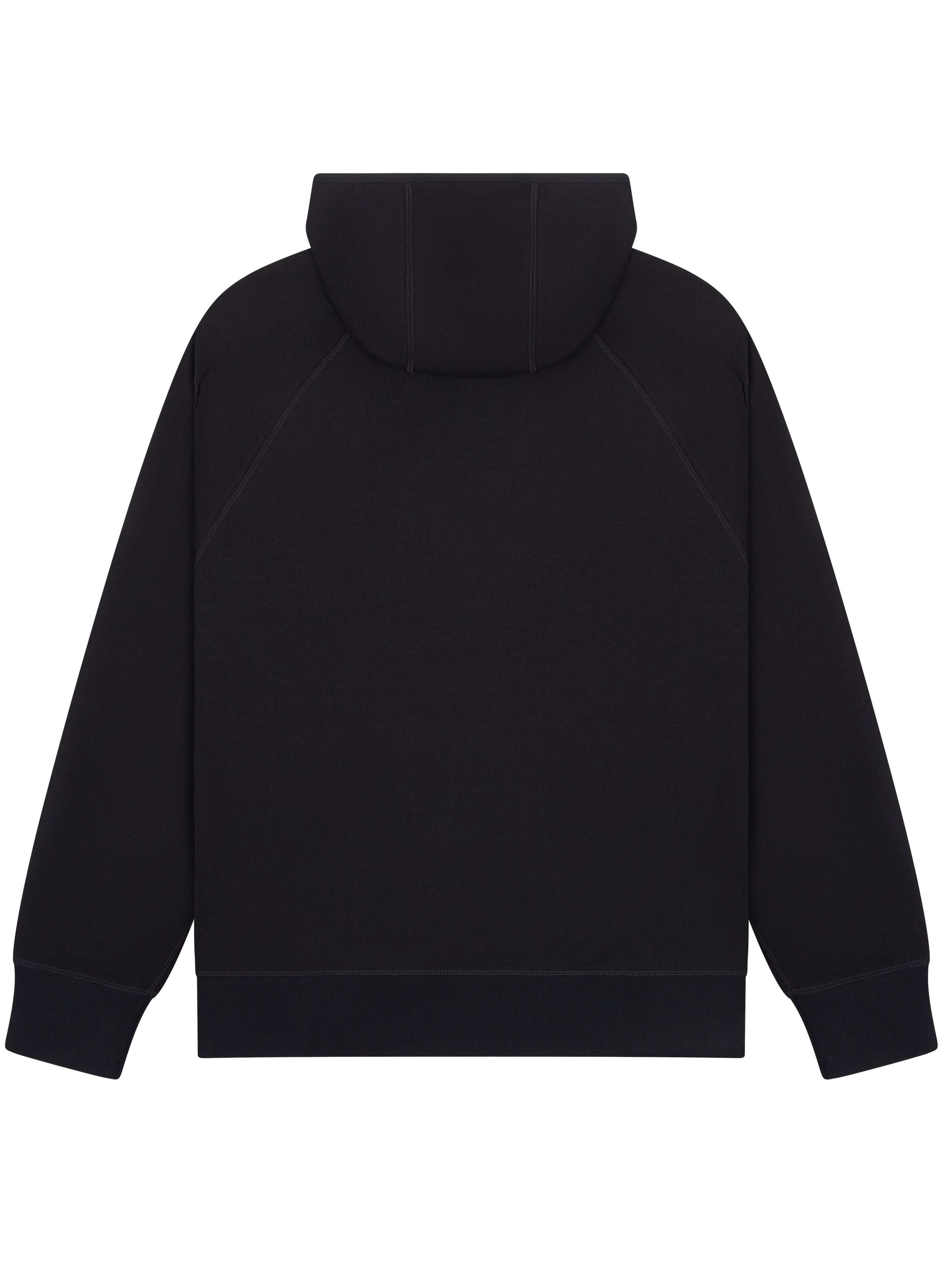 A black pullover hoodie shown from the back, featuring a simple flat back design, raglan sleeves, and ribbed cuffs and hem, presented on a solid white background.