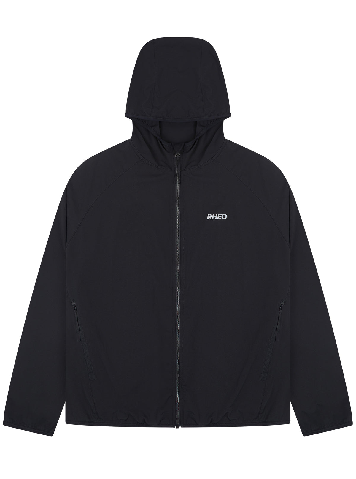 RHEO PebbleShell™ Windbreaker in black with a hood, front zip and dual zip pockets.