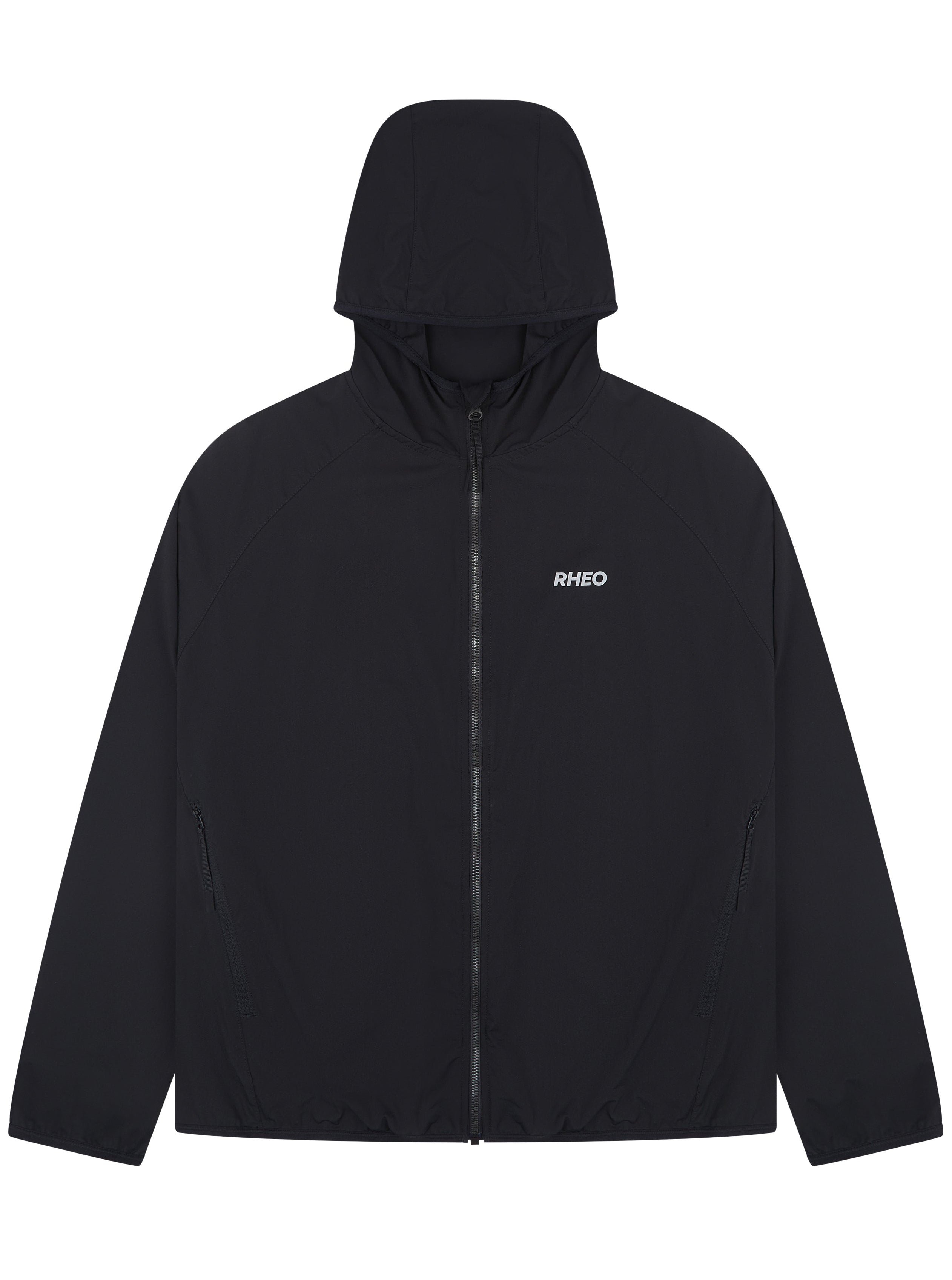 A black hooded zip-up jacket with a small white 'RIVeo' logo on the left chest, displayed on a clean white background.