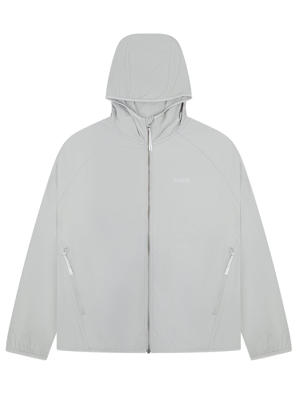 RHEO PebbleShell™ Windbreaker in grey with hood, front zip and dual zip pockets.