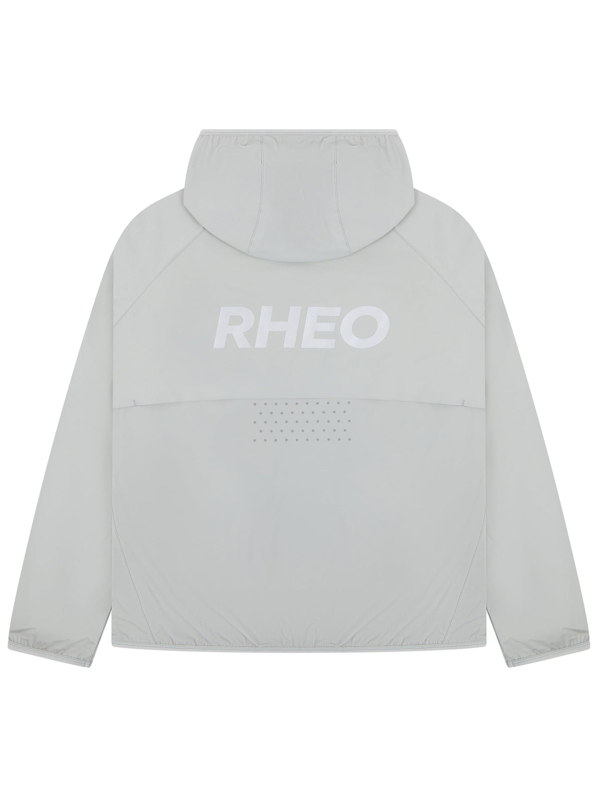 RHEO PebbleShell™ Windbreaker in grey, shown from the back with hood, ventilation panel and large RHEO logo.