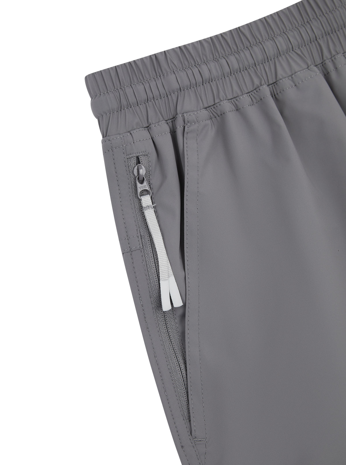 Close-up of grey RHEO ClayShell™ 7" Shorts showing the zippered side pocket and elasticated waistband.