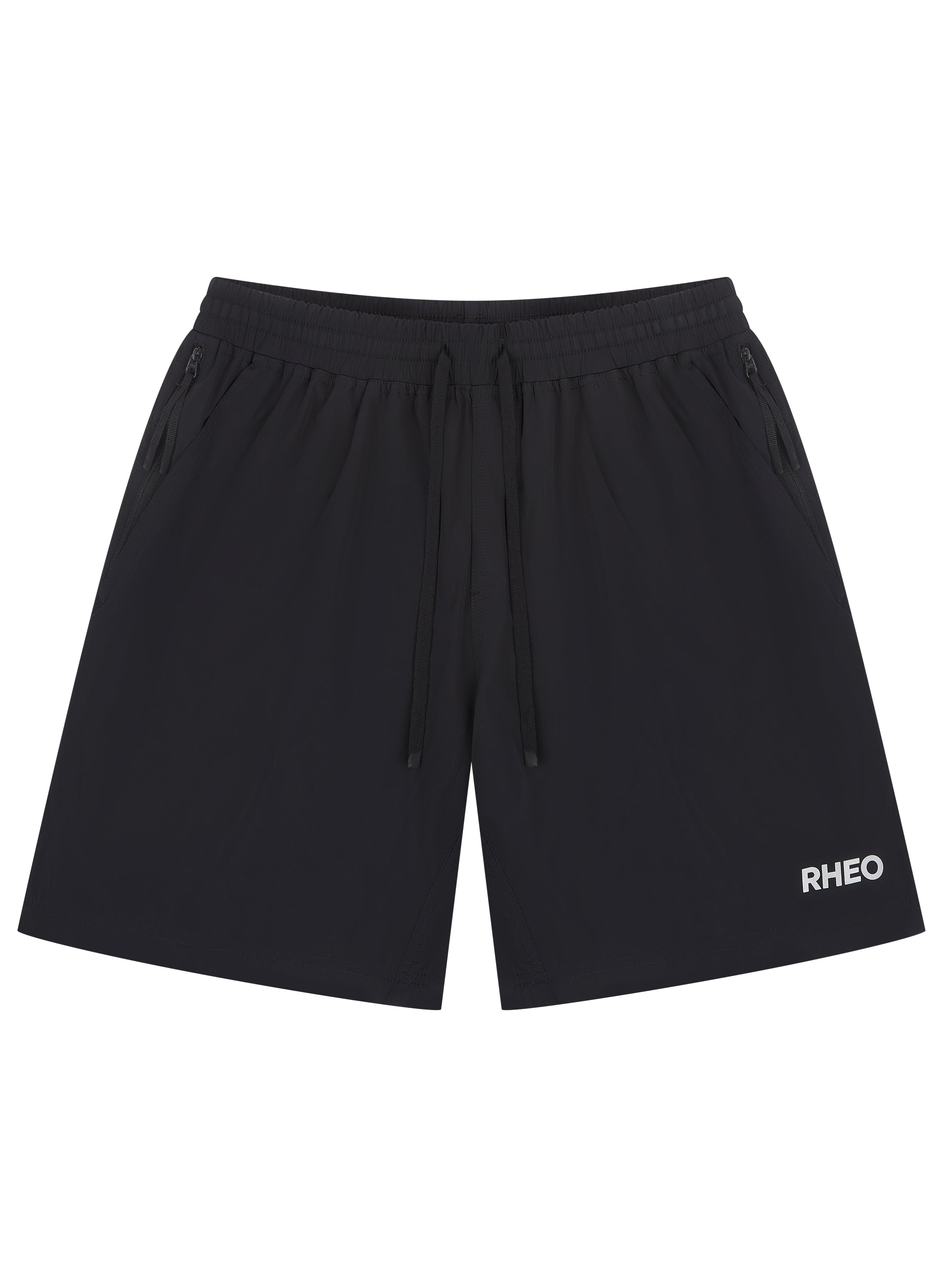 Black athletic shorts with an elastic drawstring waistband and a small white RHEO logo on the lower left leg, shown against a plain white background.